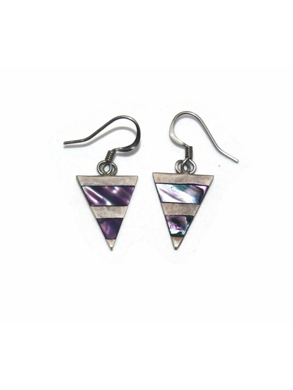 Vintage Silver Tone and Abalone Triangle Dangle Earrings with Hook Backs.